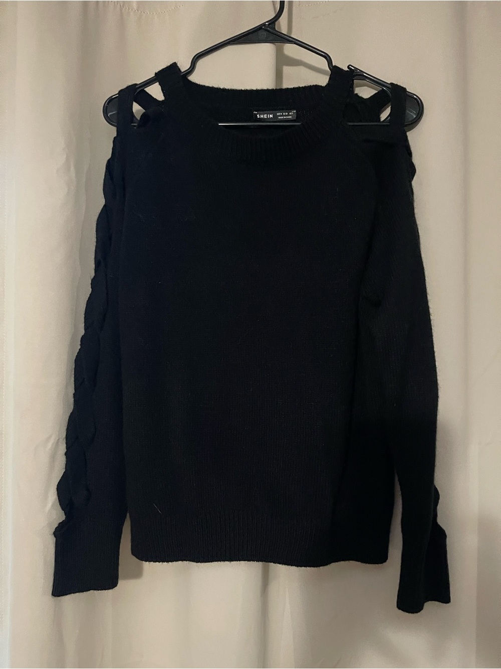 SHEIN Black Cold-Shoulder Cable Knit Sweater
